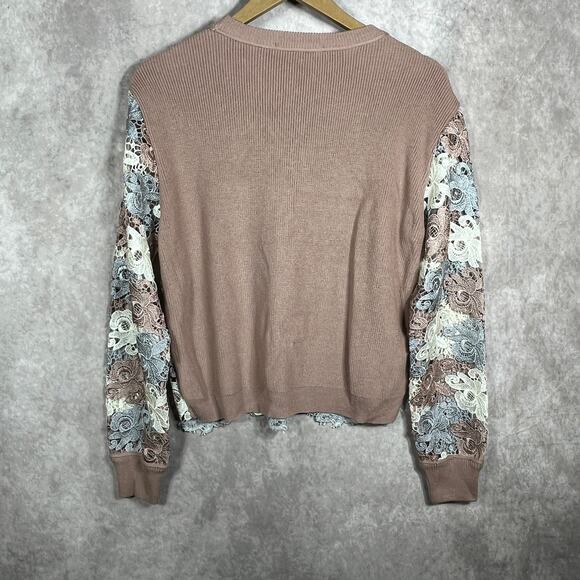 Catherine Malandrino Sweater Womens Small Brown Floral Lace Knit Crew Neck - Picture 4 of 8